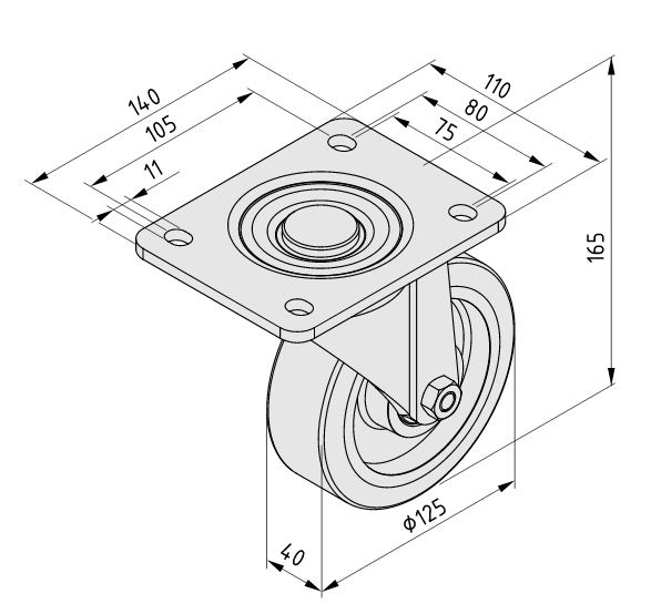 Castor D125 swivel, heavy-duty
