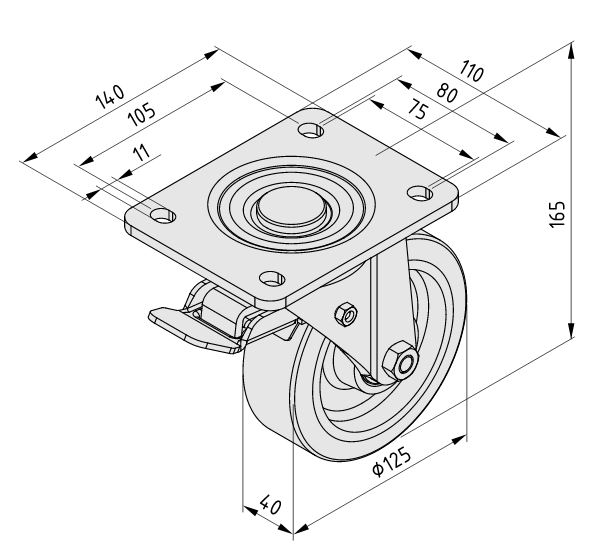 Castor D125 swivel with double-brake, heavy-duty - 0.0.488.39