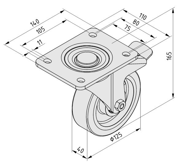 Castor D125 swivel with double-brake N, heavy-duty - 0.0.492.18