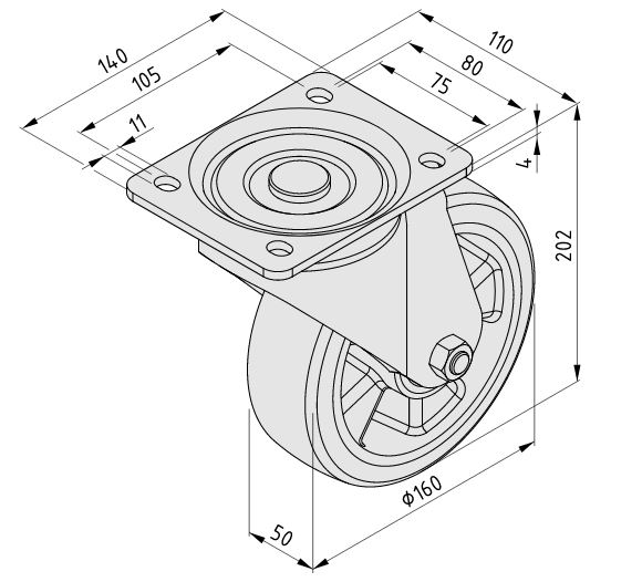 Castor D160 PU swivel 140x110