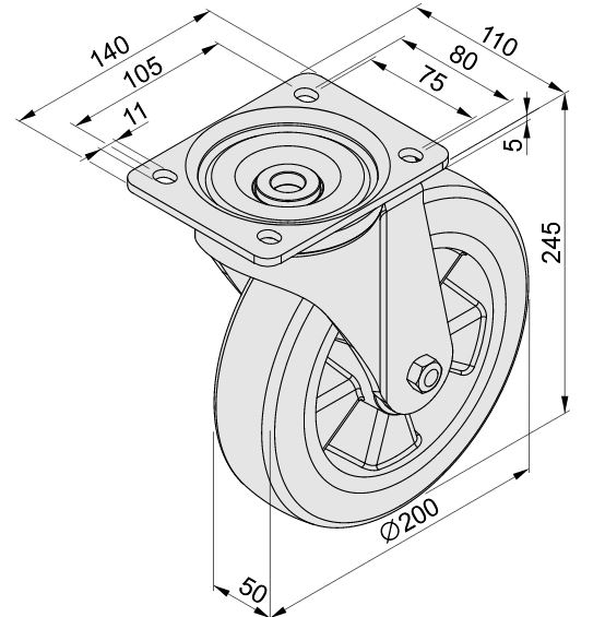 Castor D200 PU swivel 140x110 - 0.0.697.83