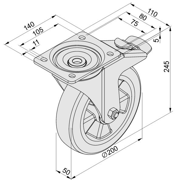 Castor D200 PU swivel with double-brake 140x110 - 0.0.697.84