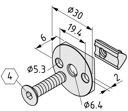 Fastening Set 6 D30 15mm with Countersunk Screw M6 - 0.0.697.37